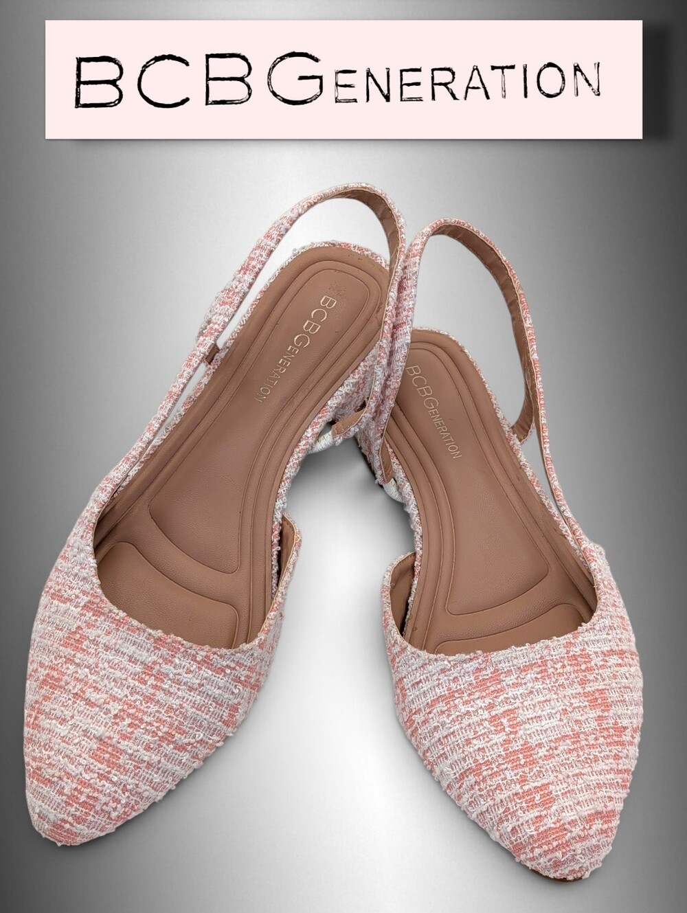 BCBGeneration Sz 9 Tresca Coral Tweed Slingback Pointed Toe Flats Low Block Heel